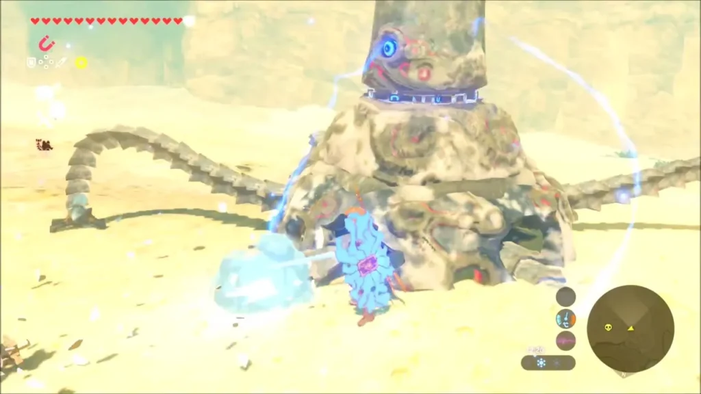 Link raising his shield against a desert Guardian as its beam arrives Link raising his shield against a desert Guardian as its beam arrives