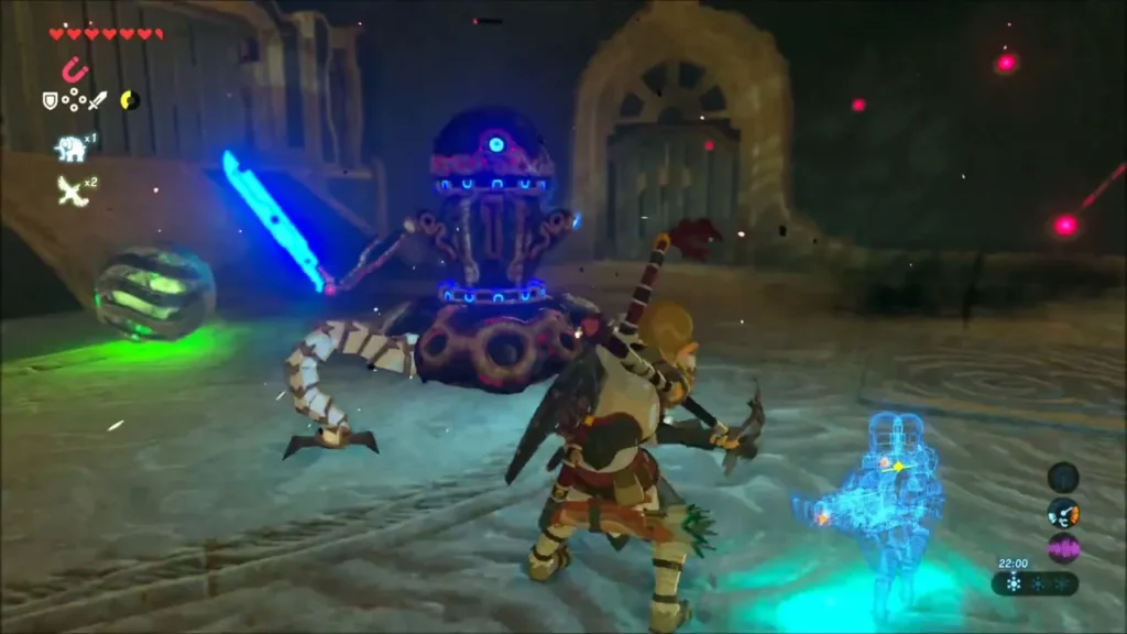 Link fighting a Guardian Scout with an electric orb nearby Link fighting a Guardian Scout with an electric orb nearby
