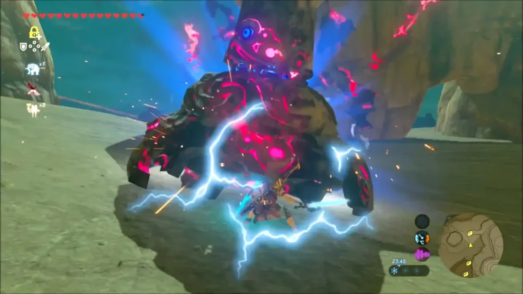 Link fighting a Guardian crackling with electricity in the canyon Link fighting a Guardian crackling with electricity in the canyon