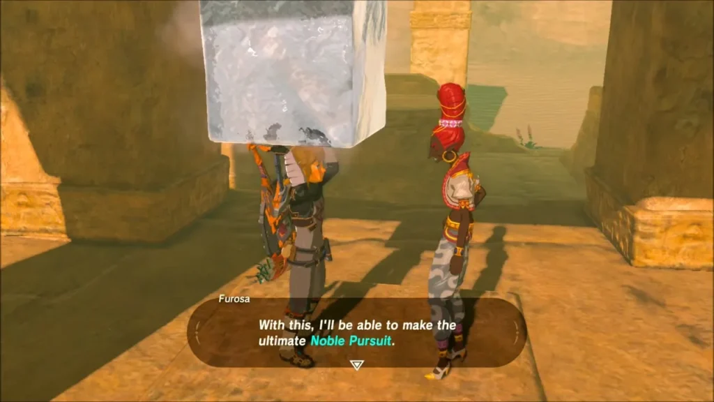 Link holding the ice block beside Furosa, who plans her Noble Pursuit drink Link holding the ice block beside Furosa, who plans her Noble Pursuit drink