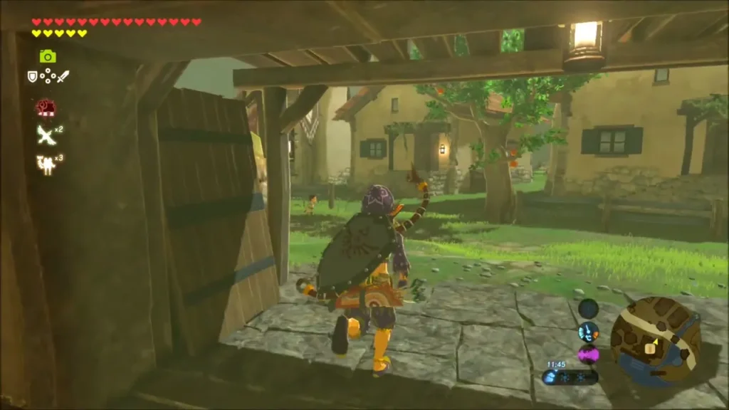 Link walking out of the dye shop in the purple outfit Link walking out of the dye shop in the purple outfit