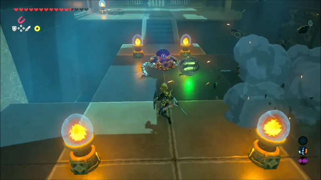 A Guardian Scout fighting Link beside fire switches in the flooded room A Guardian Scout fighting Link beside fire switches in the flooded room