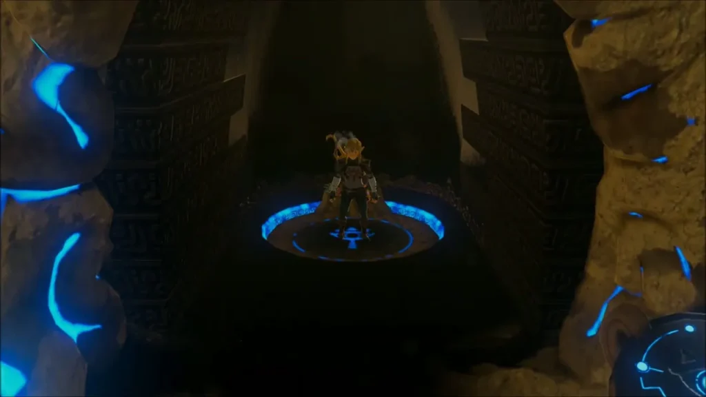 Link standing on the glowing pad that carries him down into the shrine Link standing on the glowing pad that carries him down into the shrine