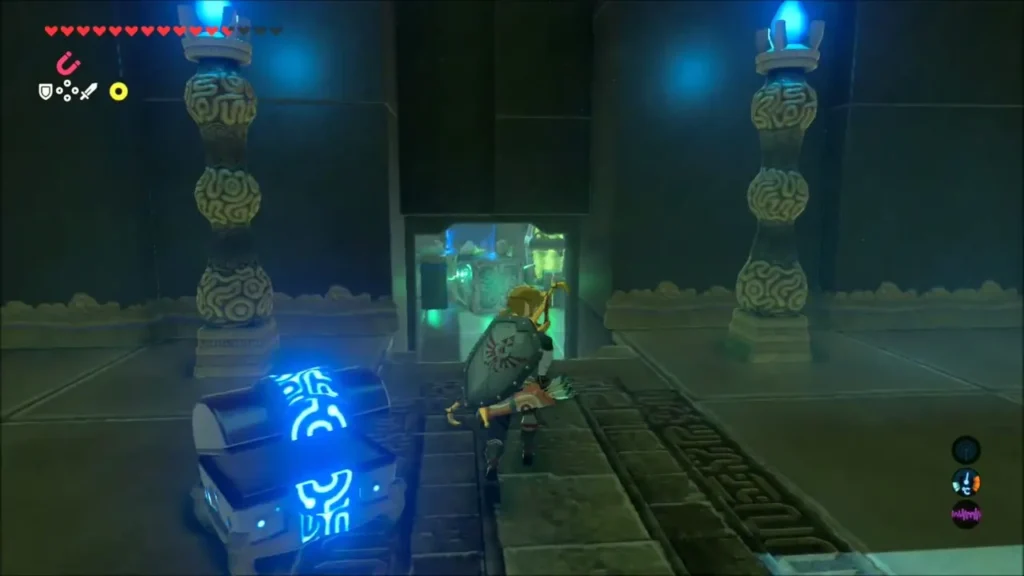 Link beside a glowing chest in the stream of the water room Link beside a glowing chest in the stream of the water room