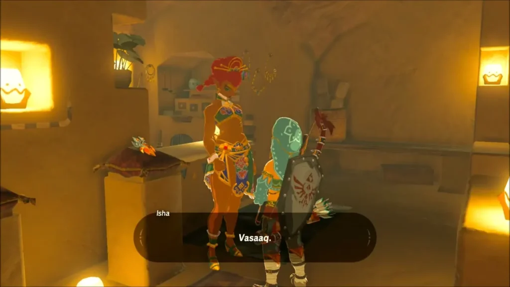 Isha speaking with Link inside her gem shop Isha speaking with Link inside her gem shop