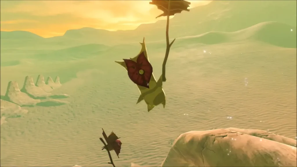 Korok hanging from its leaf propeller above the desert boulder Korok hanging from its leaf propeller above the desert boulder