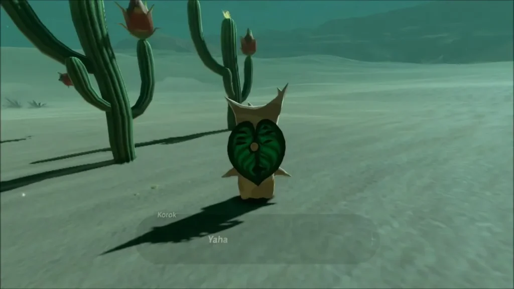 A Korok standing beside tall cacti in the evening haze A Korok standing beside tall cacti in the evening haze
