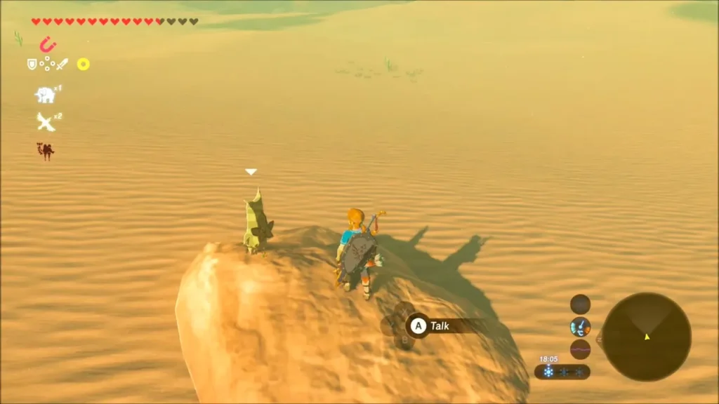 Link on the boulder beside the Korok at dusk Link on the boulder beside the Korok at dusk
