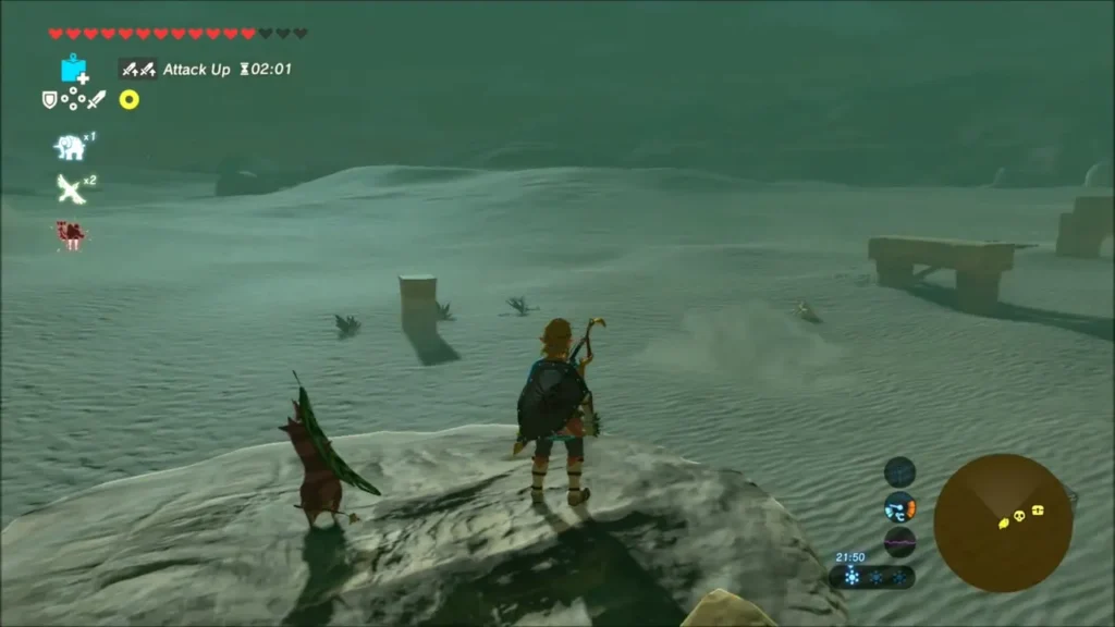 A Korok waiting beside Link at the top of the sand mound A Korok waiting beside Link at the top of the sand mound