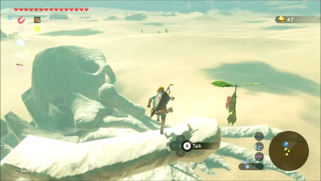 Link atop a skeleton bone beside a Korok with a leaf propeller Link atop a skeleton bone beside a Korok with a leaf propeller