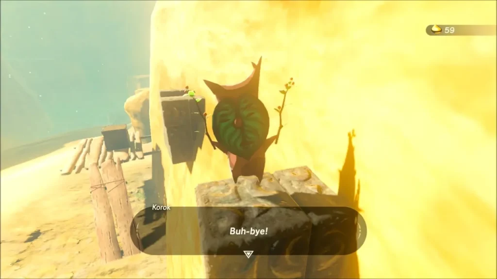 Korok on a stone pillar beside the wooden scaffold with the hanging metal block Korok on a stone pillar beside the wooden scaffold with the hanging metal block