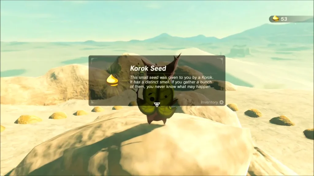Korok Seed item box above the Korok on the rock ringed with stones Korok Seed item box above the Korok on the rock ringed with stones