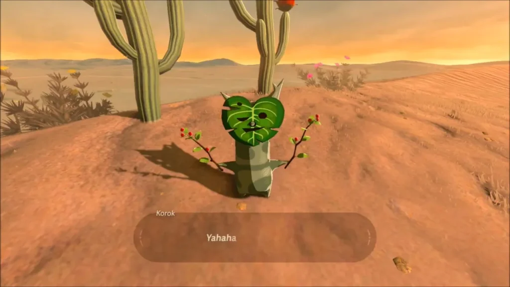 Korok greeting Link with Yahaha beside the cacti Korok greeting Link with Yahaha beside the cacti