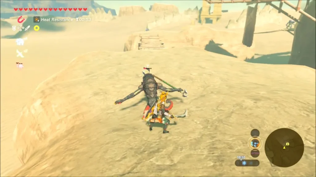 Link fighting a Lizalfos on a sandy rise near the camp Link fighting a Lizalfos on a sandy rise near the camp