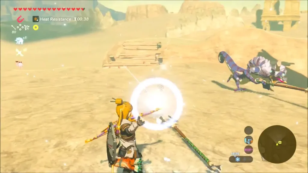Link flurry-rushing a purple Lizalfos near the wooden scaffolds Link flurry-rushing a purple Lizalfos near the wooden scaffolds