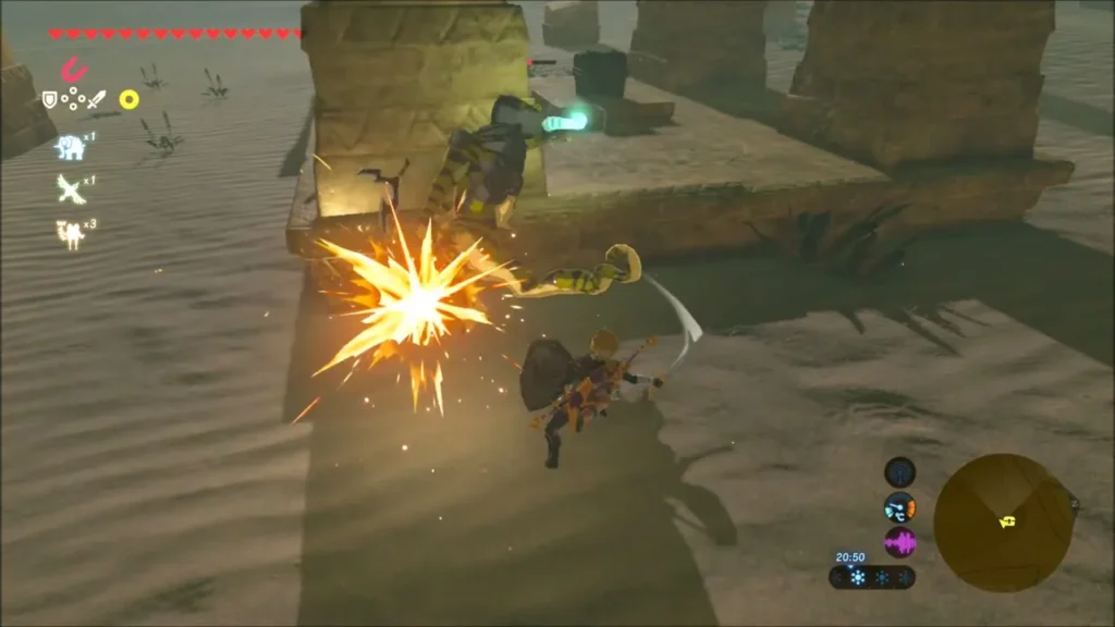 Link landing a hit on the Lizalfos beside a ruin wall Link landing a hit on the Lizalfos beside a ruin wall