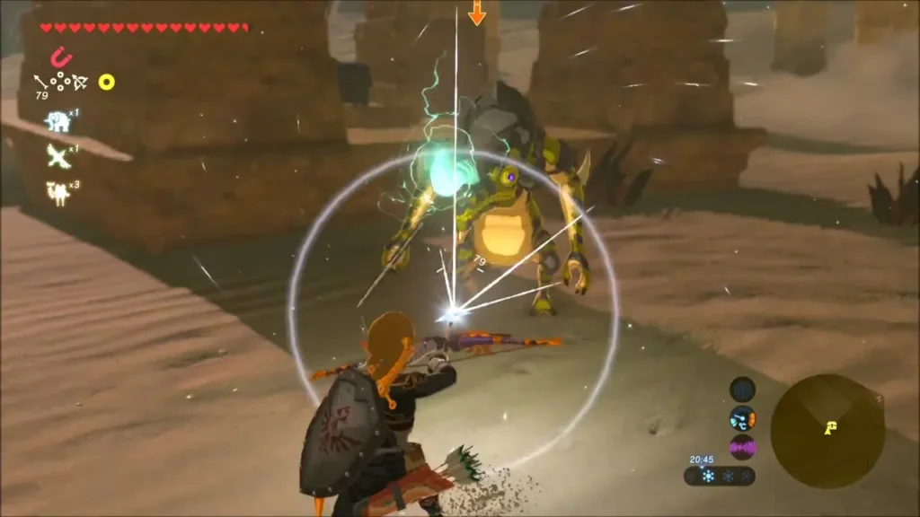 Link fighting a Lizalfos among sandy ruin pillars Link fighting a Lizalfos among sandy ruin pillars