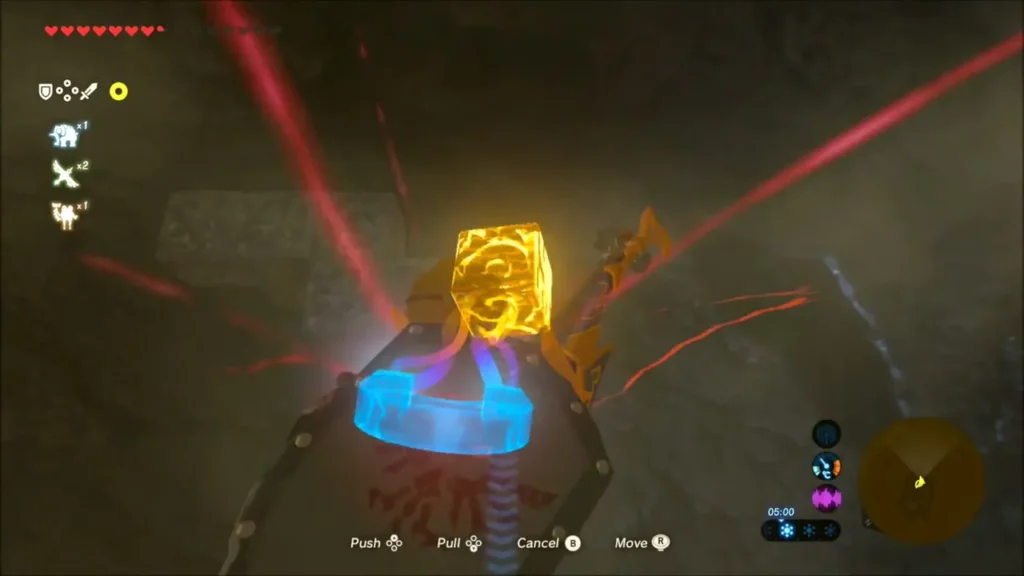 Link moving a metal block with Magnesis amid red lasers Link moving a metal block with Magnesis amid red lasers