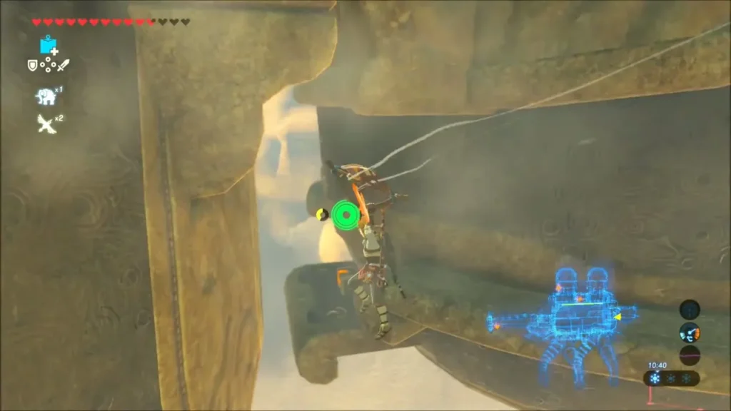 Link riding a metal slab upward on the camel's neck Link riding a metal slab upward on the camel's neck