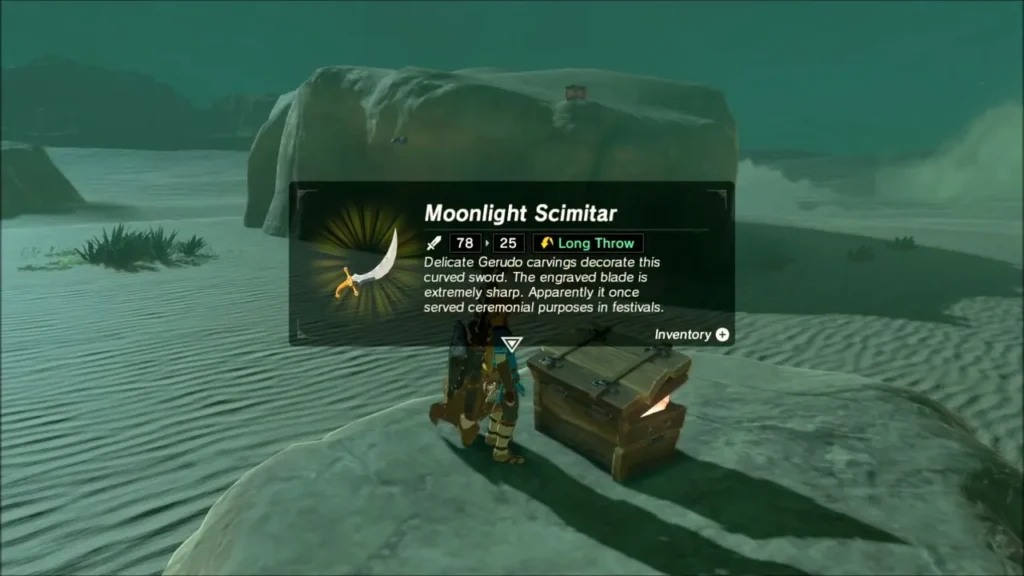 Link opening the boulder chest and receiving a Moonlight Scimitar Link opening the boulder chest and receiving a Moonlight Scimitar