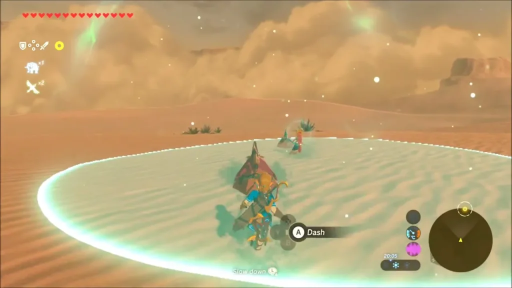 Link riding a sand seal inside Riju's circle with the desert ahead Link riding a sand seal inside Riju's circle with the desert ahead