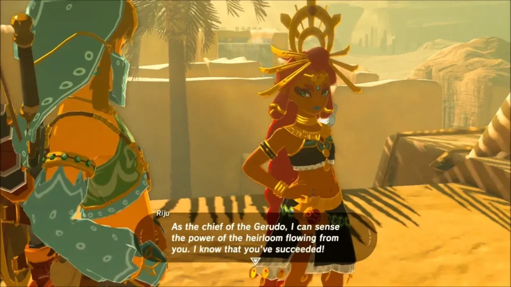 Riju, the Gerudo chief, speaking to Link and sensing the Thunder Helm's power Riju, the Gerudo chief, speaking to Link and sensing the Thunder Helm's power