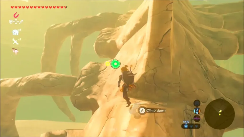 Link scaling the large rock formation toward the spire Link scaling the large rock formation toward the spire