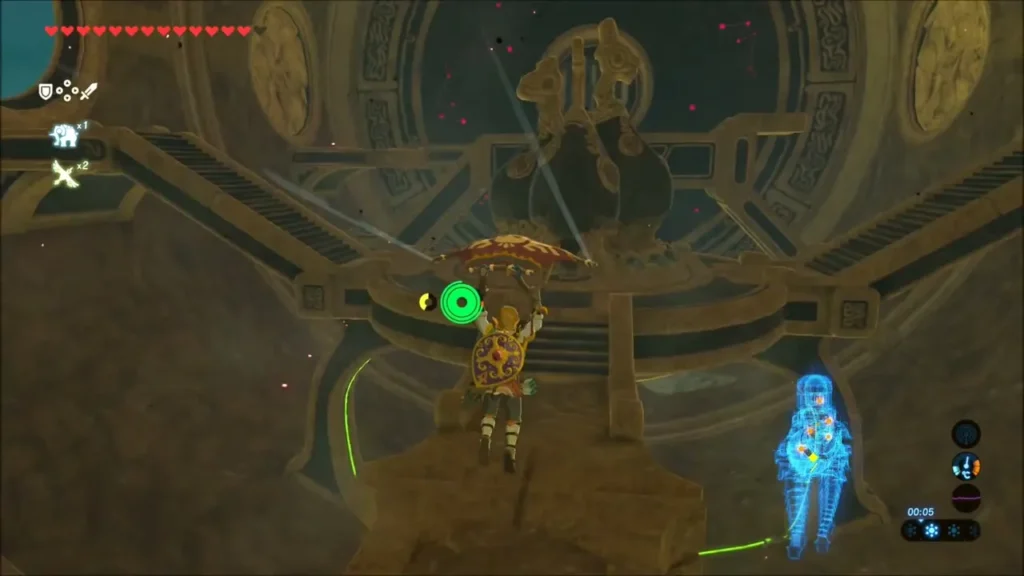 Link gliding toward a rotating room platform inside Vah Naboris Link gliding toward a rotating room platform inside Vah Naboris