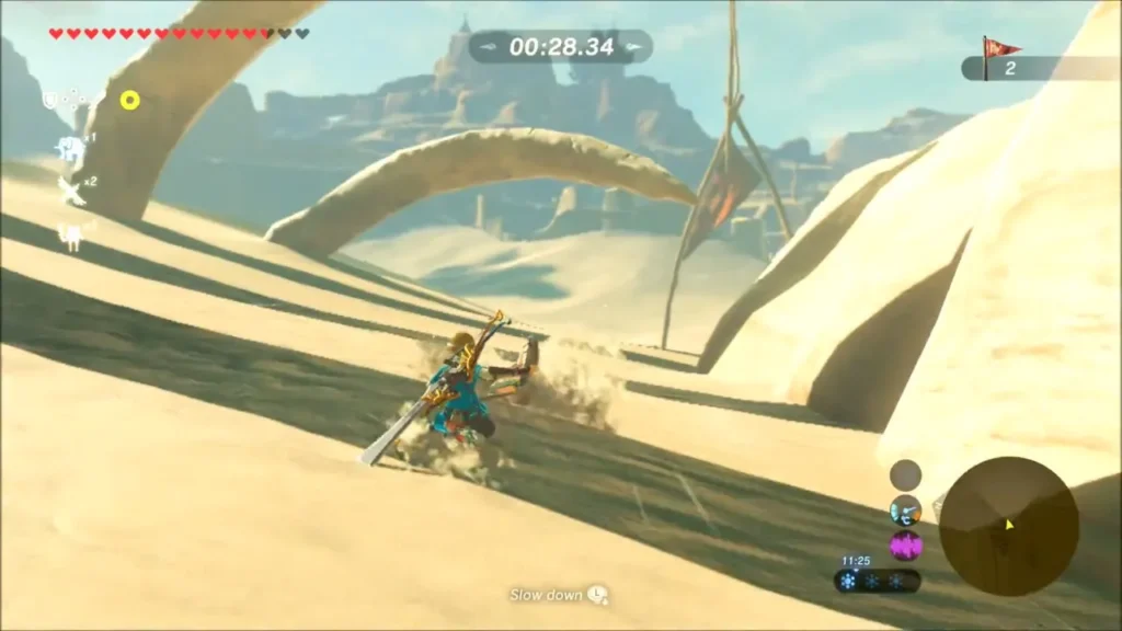 Link shield-surfing behind a sand seal past a gate with the race timer running Link shield-surfing behind a sand seal past a gate with the race timer running