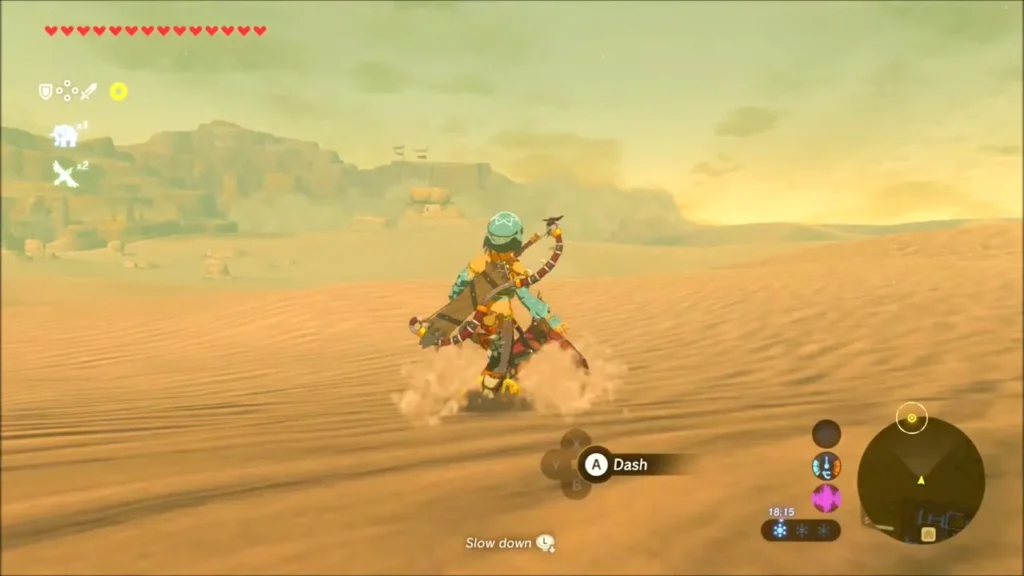 Link sand-surfing across the Gerudo Desert dunes on a sand seal Link sand-surfing across the Gerudo Desert dunes on a sand seal
