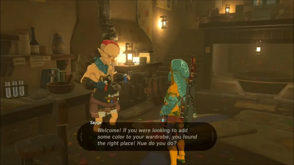 Sayge greeting Link in the Hateno dye shop Sayge greeting Link in the Hateno dye shop
