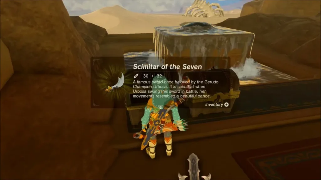 Link receiving the Scimitar of the Seven from the chest Link receiving the Scimitar of the Seven from the chest