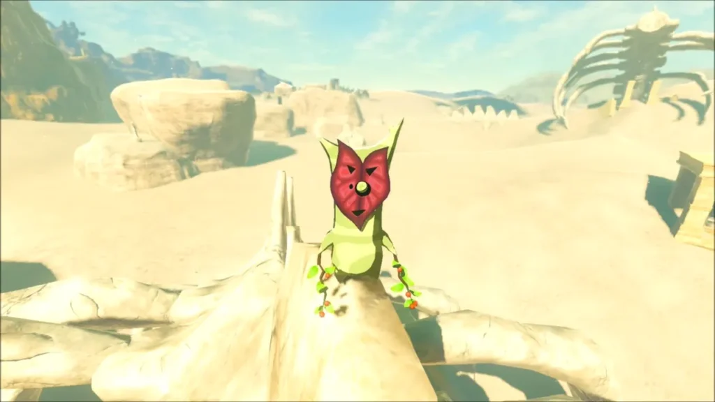 A Korok perched on the tip of a giant bone in the desert A Korok perched on the tip of a giant bone in the desert