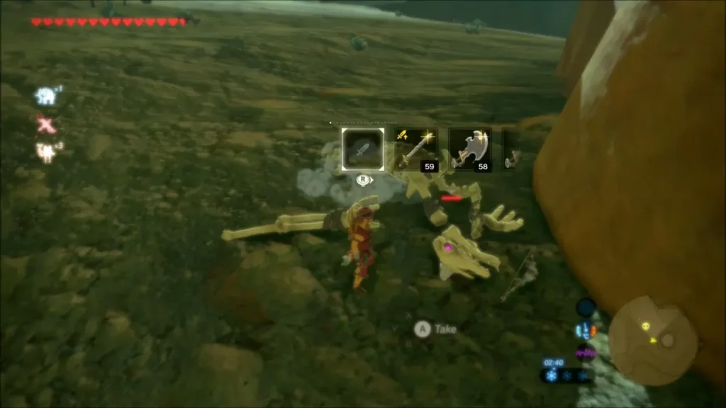 Link beside a pile of defeated skeleton bones with weapons to pick up Link beside a pile of defeated skeleton bones with weapons to pick up