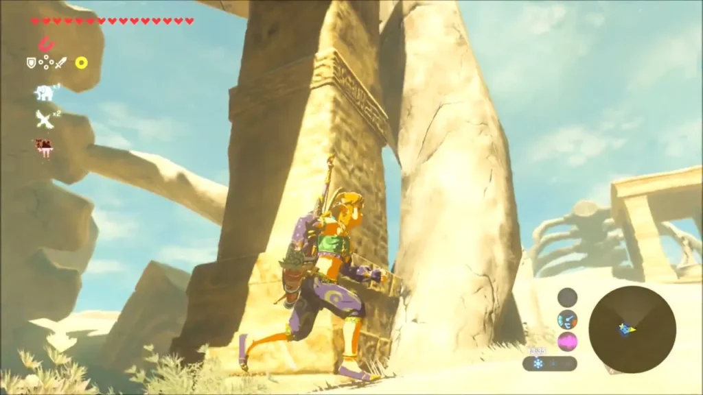 Link running up the base of a giant sun-bleached bone near the shrine Link running up the base of a giant sun-bleached bone near the shrine