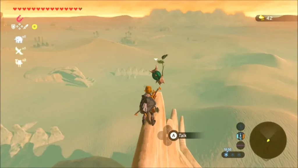 Link on the tip of the thin spire beside the waiting Korok Link on the tip of the thin spire beside the waiting Korok