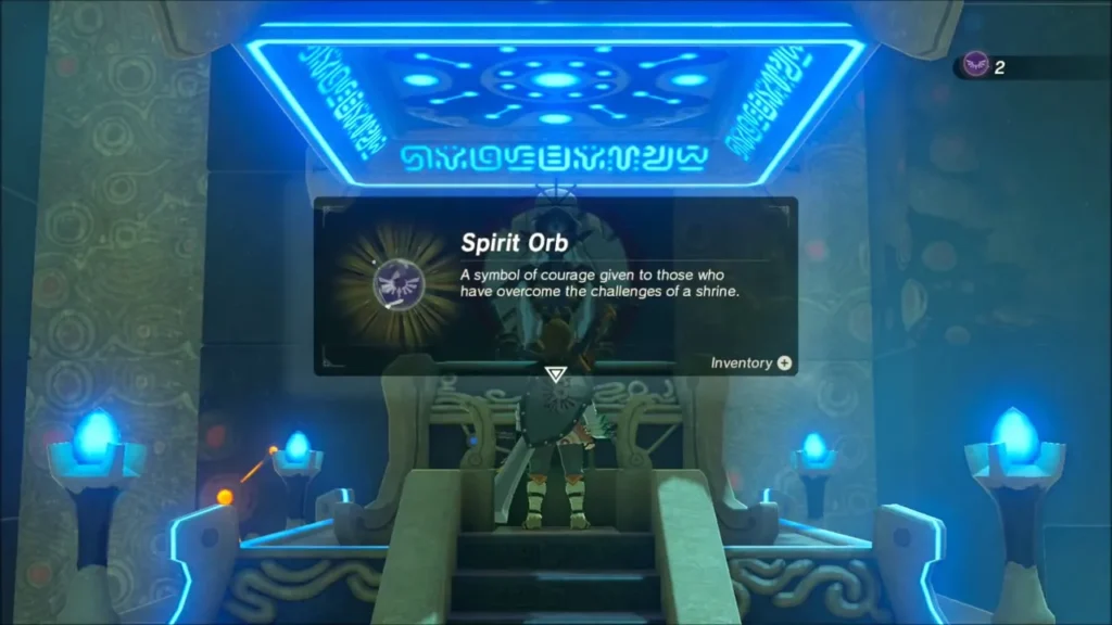 Link receiving a Spirit Orb in front of the shrine monk Link receiving a Spirit Orb in front of the shrine monk