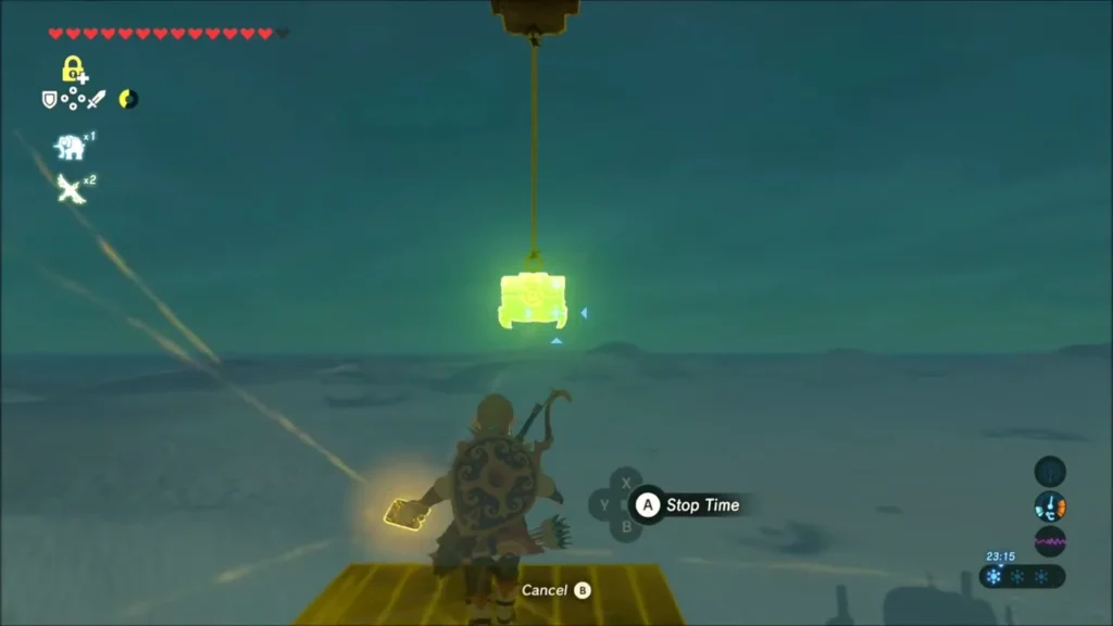 Link using Stasis on the chest hanging from a rope Link using Stasis on the chest hanging from a rope