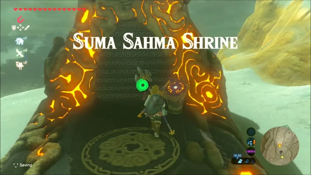 Link at the glowing orange entrance of Suma Sahma Shrine Link at the glowing orange entrance of Suma Sahma Shrine