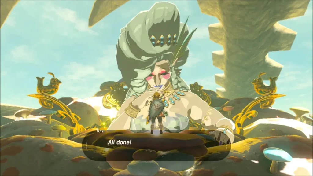 Tera finishing an armor upgrade with Link below her Tera finishing an armor upgrade with Link below her