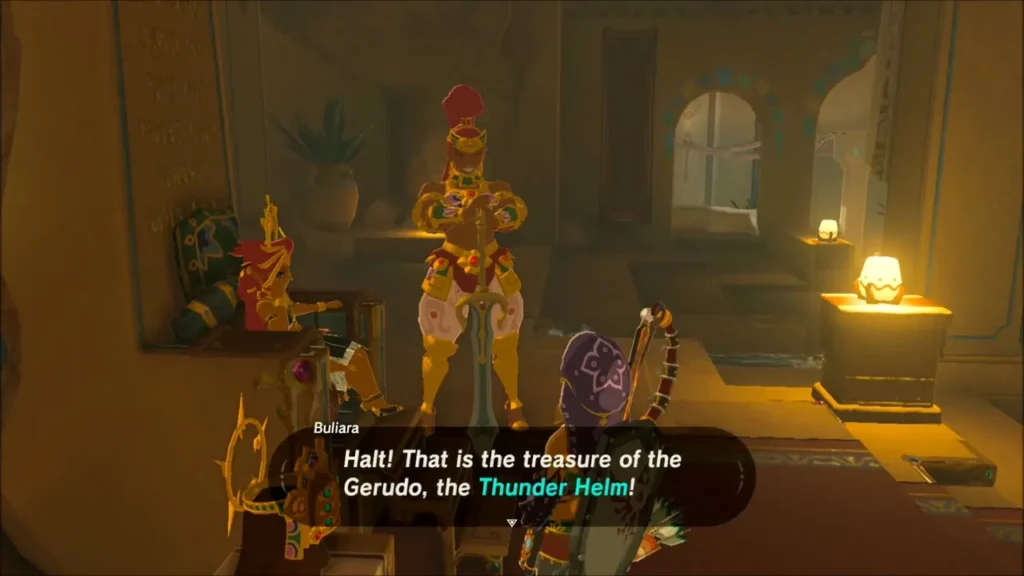 Buliara calling the Thunder Helm the treasure of the Gerudo beside Riju's throne Buliara calling the Thunder Helm the treasure of the Gerudo beside Riju's throne