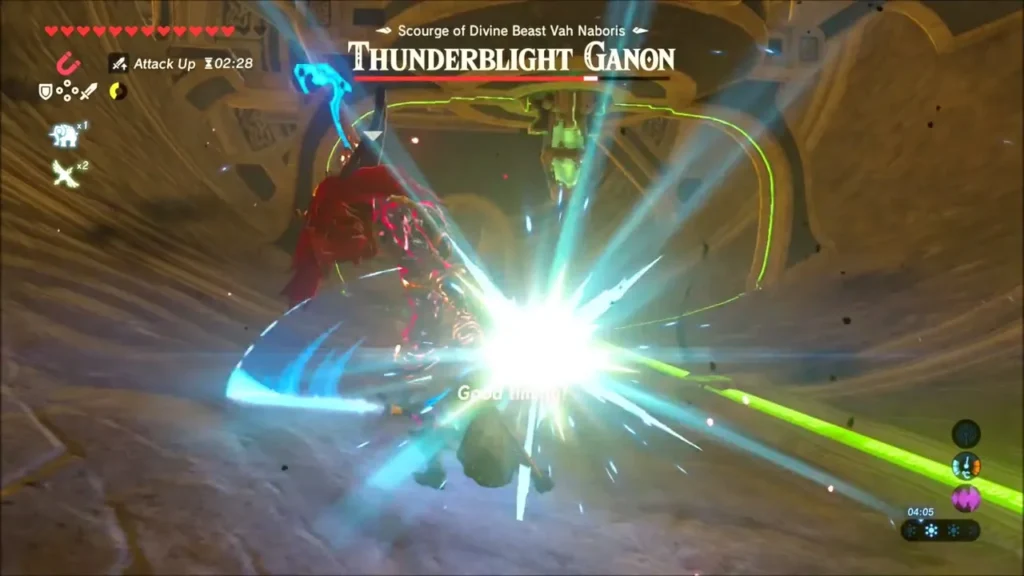 Link landing a flurry rush on Thunderblight Ganon after a perfect dodge Link landing a flurry rush on Thunderblight Ganon after a perfect dodge