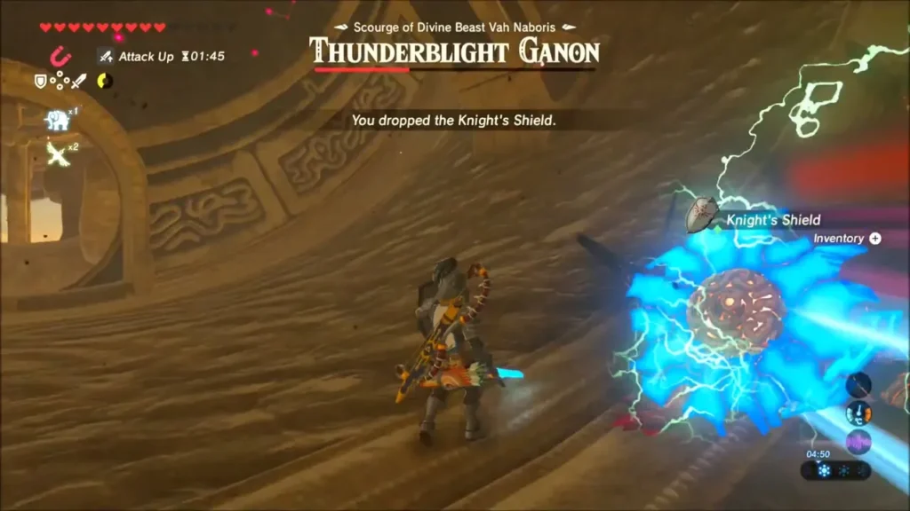 Link dropping his shield to Thunderblight Ganon's lightning ball Link dropping his shield to Thunderblight Ganon's lightning ball