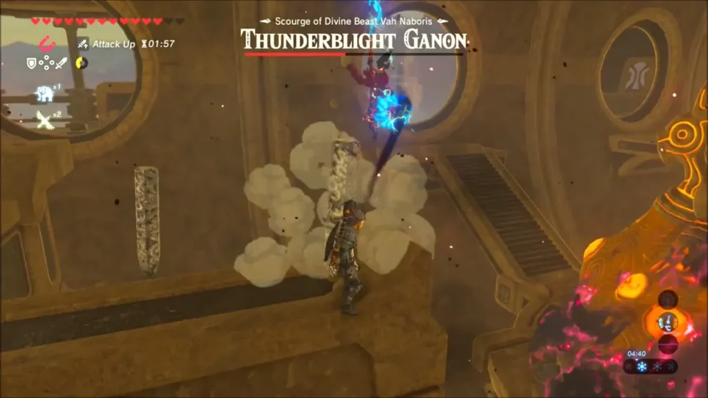 Link on a ledge as Thunderblight Ganon strikes with lightning beside a metal spike Link on a ledge as Thunderblight Ganon strikes with lightning beside a metal spike