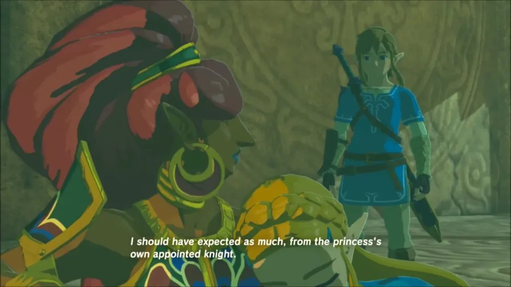 Urbosa lying on cushions beside Zelda as Link stands before them in the memory Urbosa lying on cushions beside Zelda as Link stands before them in the memory