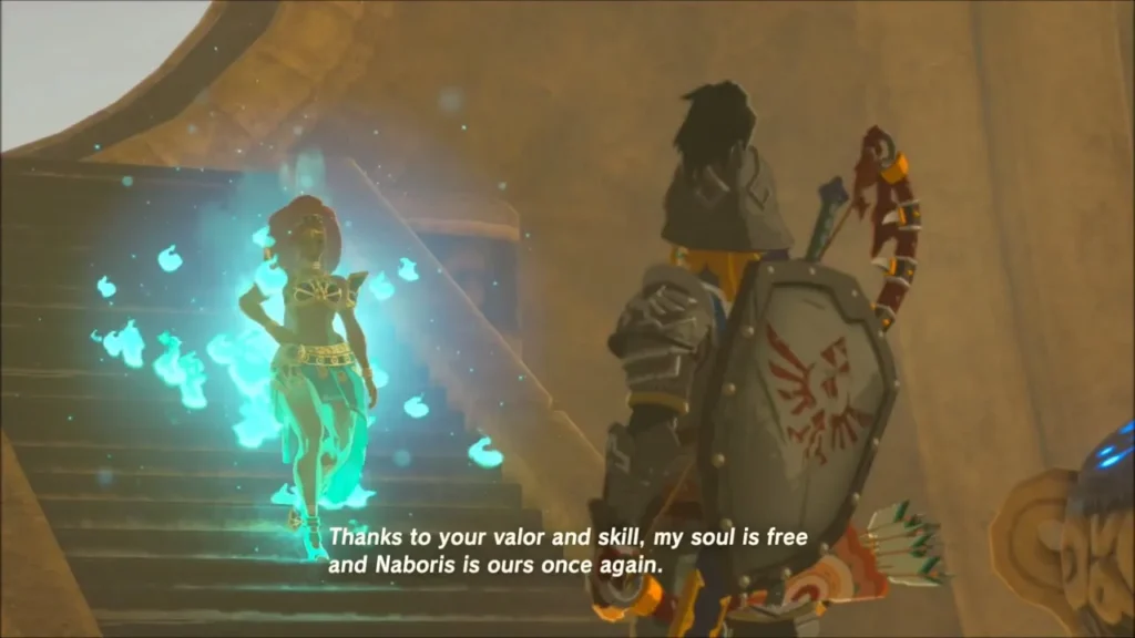 Urbosa's spirit on the stairs thanking Link for freeing Naboris Urbosa's spirit on the stairs thanking Link for freeing Naboris