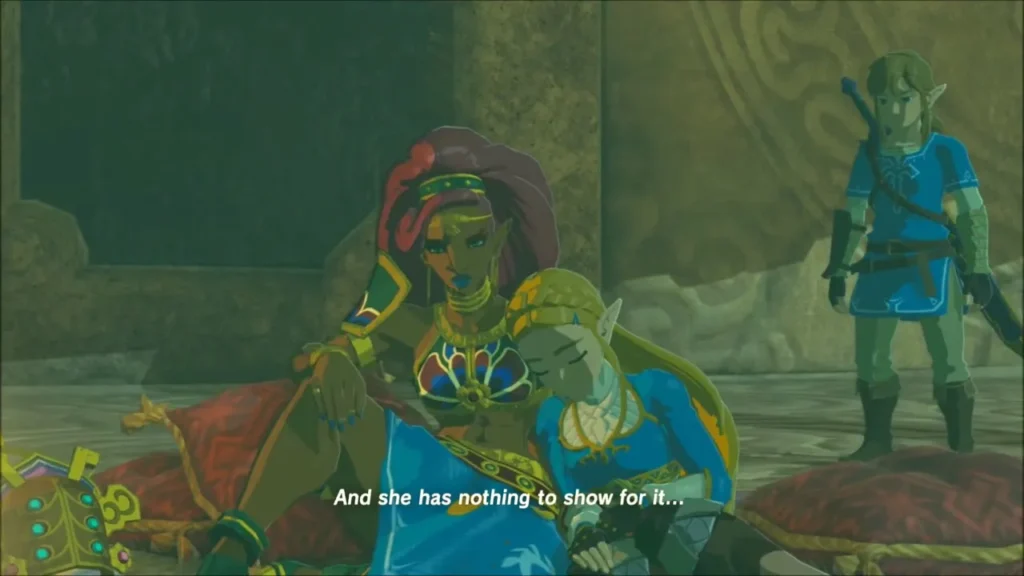 Urbosa holding a resting Zelda on red cushions with Link standing nearby Urbosa holding a resting Zelda on red cushions with Link standing nearby