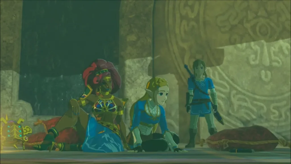 Zelda sitting up beside Urbosa while Link stands in the old Gerudo chamber Zelda sitting up beside Urbosa while Link stands in the old Gerudo chamber