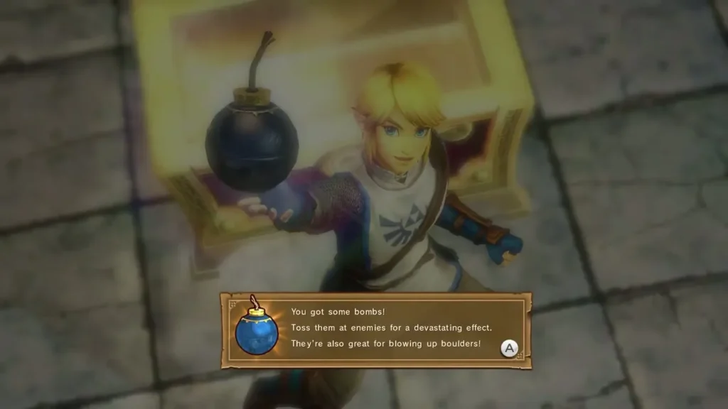 Link receives bombs, and the item message explains they can break boulders Link receives bombs, and the item message explains they can break boulders