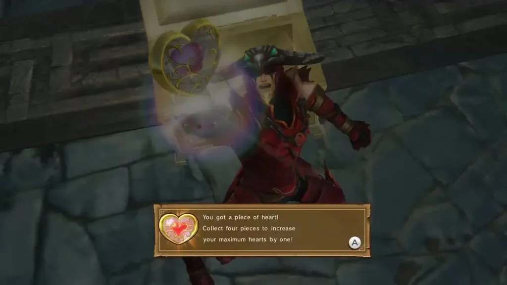 Volga holds up a Piece of Heart, with the message to collect four pieces for one heart Volga holds up a Piece of Heart, with the message to collect four pieces for one heart